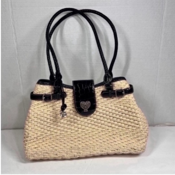 Brighton Woven Straw Cord Black Leather Straps 
Floral Lining 
14x8.5x4.5 - Picture 1 of 10